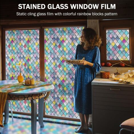 Film de confidentialité pour vitrail, Film de confidentialité pour fenêtre, teinté coloré en Treillis, Autocollants en Verre Arc-en-Ciel pour la Maison