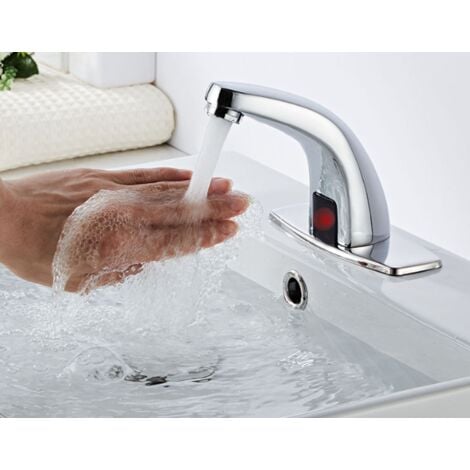 Robinet de salle de bain sans contact chromé automatique avec plaque de  recouvrement trou, robinet d'eau de salle de bain mains libres avec boîtier  de
