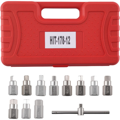 10pc Drain Plug Socket Kit 3/8" Drive Hex Square T-Bar Key Tool Set 8-17mm (1/5)