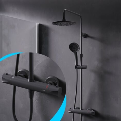 AM.PM Duschsystem Regendusche mit Thermostat, Schwarz, 38℃, Edelstahl Duscharmatur Set, Duschsäule Regendusche, inkl. verstellbar Duschstange F07TA422