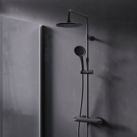 AM.PM Duschsystem Regendusche mit Thermostat, Schwarz, 38℃, Edelstahl Duscharmatur Set, Duschsäule Regendusche, inkl. verstellbar Duschstange F07TA422