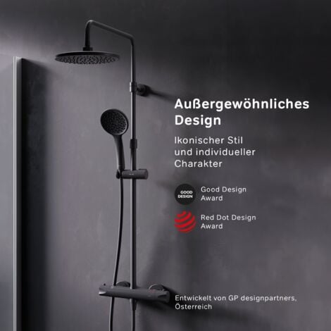 AM.PM Duschsystem Regendusche mit Thermostat, Schwarz, 38℃, Edelstahl Duscharmatur Set, Duschsäule Regendusche, inkl. verstellbar Duschstange F07TA422