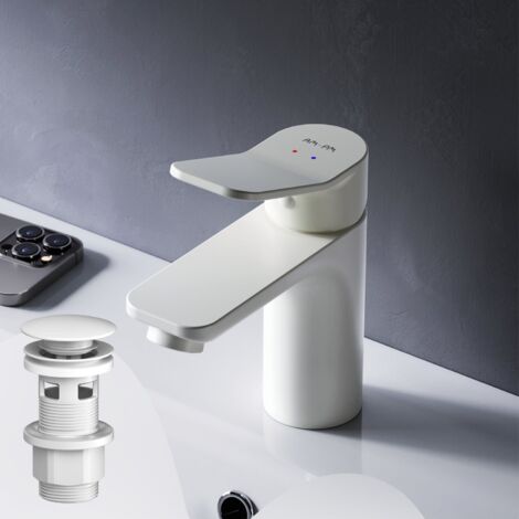 AM.PM Waschtischarmatur Weiss Wasserhahn mit Klick-Ablaufgarnitur Waschbecken Waschbeckenarmatur Spültisch Armatur