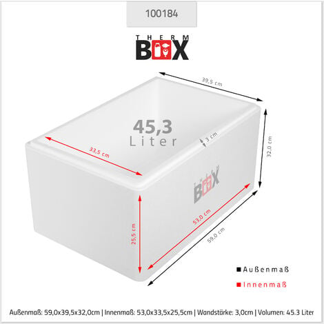 THERM BOX Styroporbox 45W, Innen: 53x33x25cm, Wand:3,0cm, Volumen: 45,3L,  Isolierbox Thermobox Kühlbox Warmhaltebox