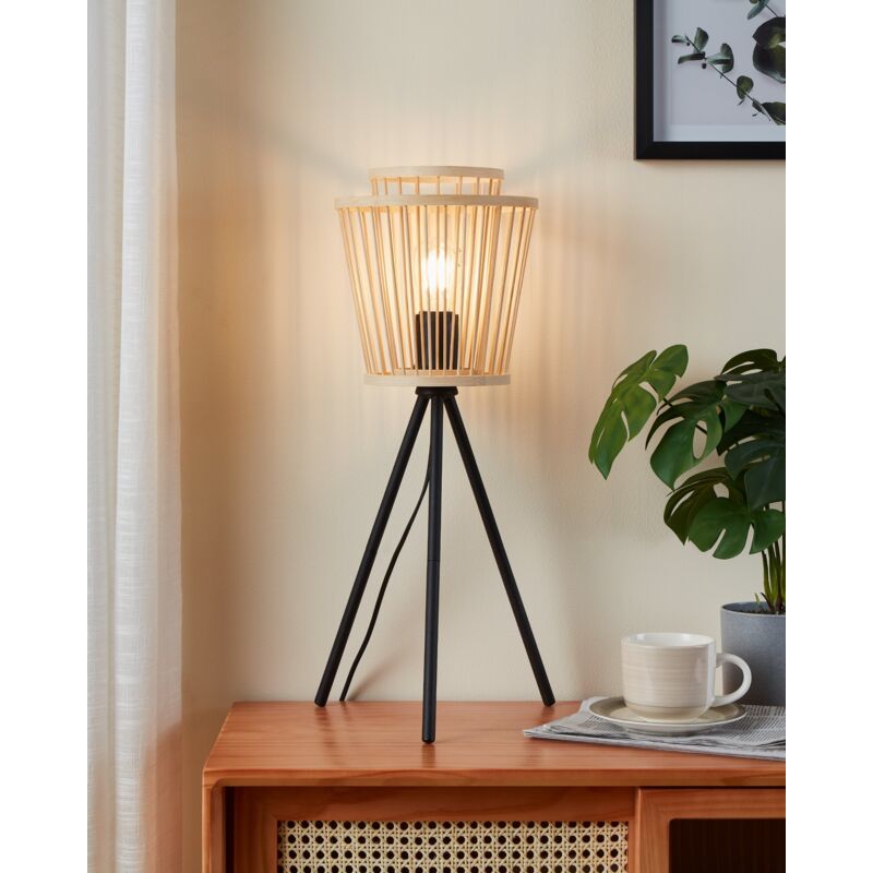 EGLO Tischlampe Hykeham – Bambus-Stativlampe Im Boho-Style, Natur & Schwarz, E27 Fassung
