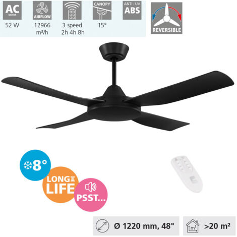 EGLO Deckenventilator Bondi 1, 4 Flügel Ventilator mit Fernbedienung, Timer und Sommer Winter Betrieb, ABS Kunststoff in Schwarz matt, AC Motor, Ø 122cm