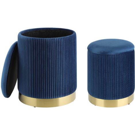 EGLO LIVING 2er Set Hocker mit Stauraum Mashike, elegante Sitzhocker, runde Couch Beistellhocker, Pouf aus Samt in Blau und Metall in Gold, Samthocker Ø 36 cm