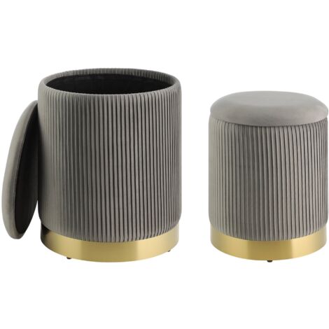 EGLO LIVING 2er Set Hocker mit Stauraum Mashike, elegante Sitzhocker, runde Couch Beistellhocker, Pouf aus Samt in Grau und Metall in Gold, Samthocker Ø 36 cm