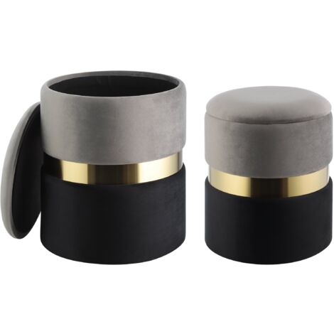 EGLO LIVING 2er Set Hocker mit Stauraum Mashike, elegante Sitzhocker, runde Couch Beistellhocker, Pouf aus Samt in Grau-Schwarz und Metall in Gold, Samthocker Ø 36 cm