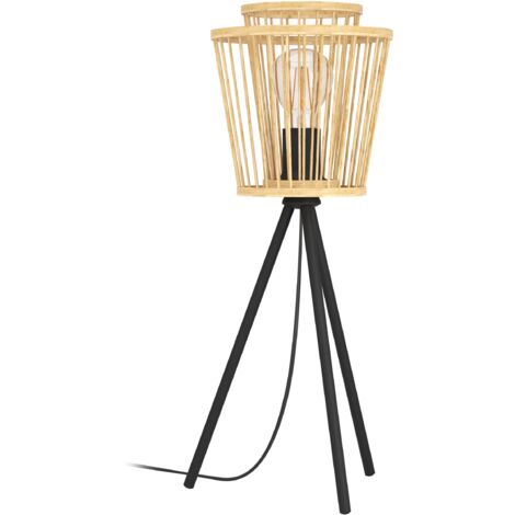 EGLO Tischlampe Hykeham, Stativ Nachttischlampe Boho Style, Dreibein Tischleuchte aus Bambus in Natur und Metall in Schwarz, Deko Lampe mit E27 Fassung (1/5)