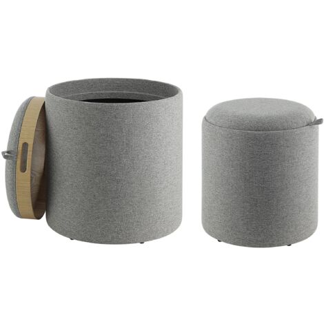 EGLO LIVING 2er Set Hocker mit Stauraum Mashike, Sitzhocker mit Ablage, runde Couch Beistellhocker, Pouf aus Textil in Grau und Holz-Funier in Eiche, Ø 39 cm