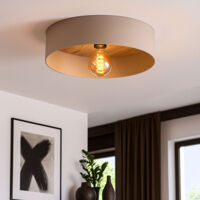 EGLO Deckenlampe Duaia, runde Deckenleuchte aus Metall in Taupe mit Wendedekor in Messing oder Holz-Optik im Inneren, bündige Textil Wohnzimmerlampe, Lampe Decke Wohnzimmer, E27 Fassung