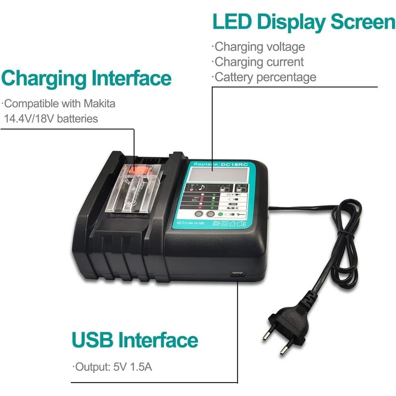 Chargeur de batterie Li-ion 18V 14.4V pour Makita, pour modèles BL1860,  BL1850, BL1840, BL1830
