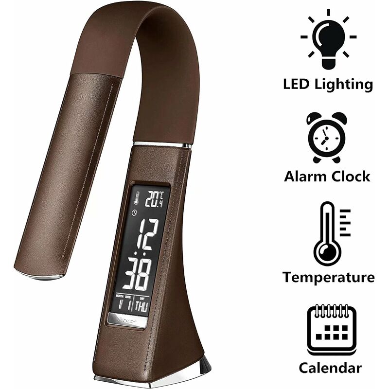 U2 5W Lampe de bureau à texture de cuir à DEL à intensité variable à 3  niveaux avec affichage de la température / horloge / calendrier (noir)
