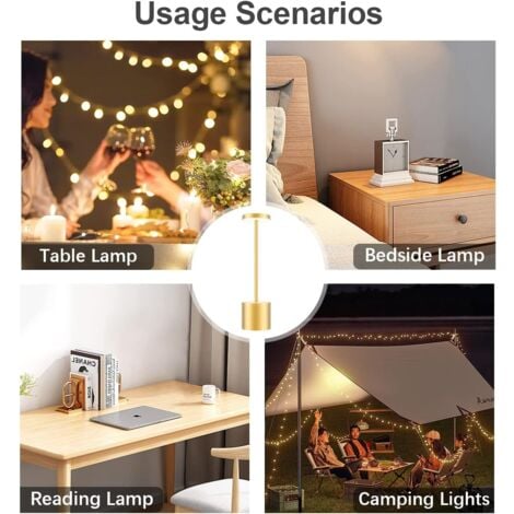 Lampe de table sans fil rechargeable, 5000mAh lampe de bureau LED en métal  design charge usb, 3 modes de couleur, pour chevet, exterieur, terrasse,  restaurant