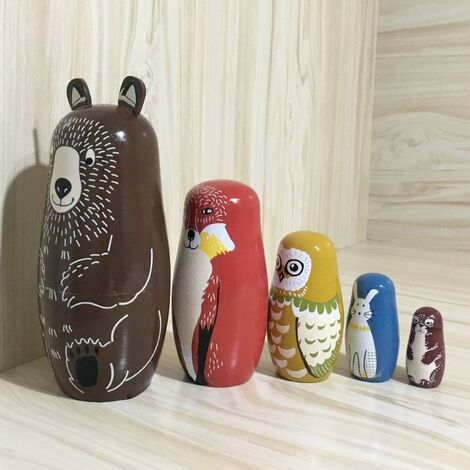 5 figurines d'animaux en bois pour poupées gigognes