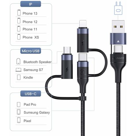 Chargeur pour électroportatif Câble Multi USB 60W, wiredge 6 en 1 Multi  Chargeur USB Câble de