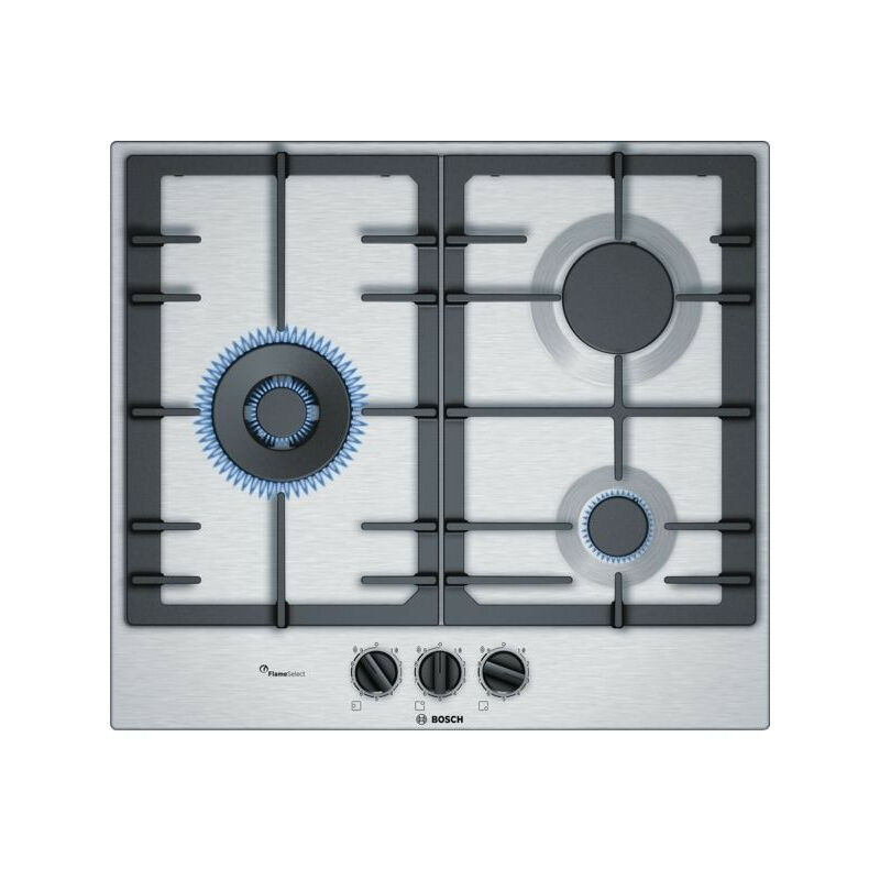 ENCIMERA BOSCH ENCASTRABLE 60 CM 3 QUEMADORES ACERO INOX FLAMESELECT WOK 4 KW GASSTOP PARRILLA HIERRO FUNDIDO