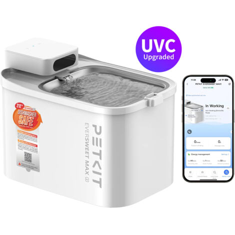 PETKIT Fontaine à eau pour chat lavable au lave-vaisselle, Pompe UVC, 3L Fontaine a Eau Chat Chien Acier Inoxydablee, Ultra Silencieux, Grande Capacité