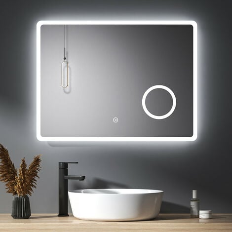 Specchio per bagno 90x70 cm stondato completo di cornice slim a LED