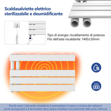 Meykoers Scaldasalviette elettrico asimmetrica 1385 x 600 mm bianco Termoarredo con termostato digitale 800W - Collega laterale sinistro