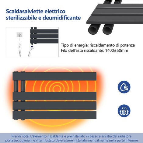 Meykoers Scaldasalviette elettrico Antracite 1385 x 400 mm Asimmetrica Termoarredo 600W con termostato digitale - Installazione laterale sinistro