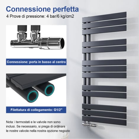 Meykoers Scaldasalviette acqua calda Antracite Termoarredo 1385x400mm Radiatore Connessione laterale, 598 W