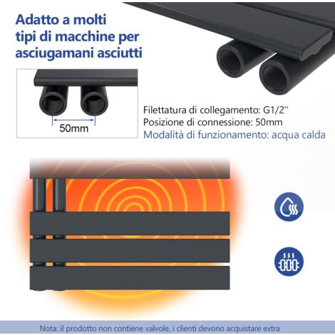 Meykoers Scaldasalviette acqua calda Antracite Termoarredo 1385x400mm Radiatore Connessione laterale, 598 W