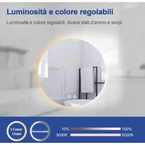 Meykoers Specchio luminosi da bagno rotondo con Interruttore Touch, 50 cm Specchio da bagno 3 di Luce colore , Dimmerabile