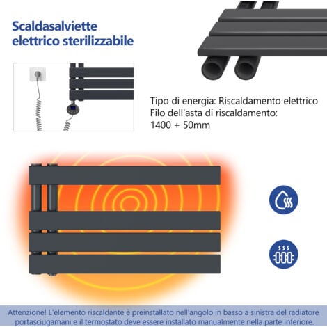Meykoers Termoarredo elettrico Antracite 899 x 400 mm asimmetrica Scaldasalviette con termostato digitale - Collega laterale sinistro