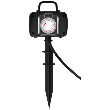 Silamp – Prise de jardin noire avec piquet de terre IP44 – 2 prises avec timer intégré – Fixation stable pour extérieur – Alimentation sécurisée