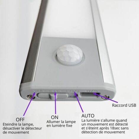 Réglette LED Rechargeable USB 40cm IP40 avec Détecteur de mouvem