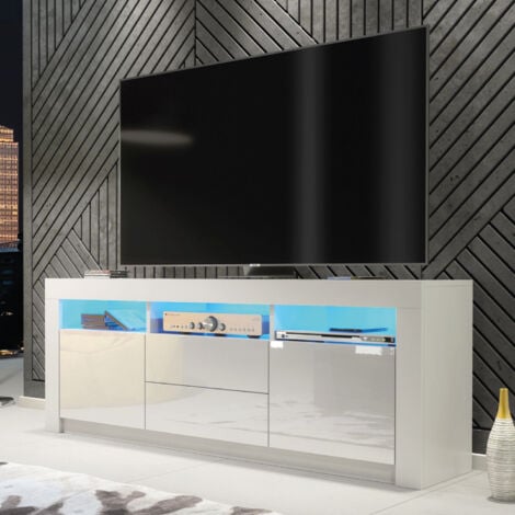 TV Unit 160cm White Modern Stand Gloss Doors Free LED
