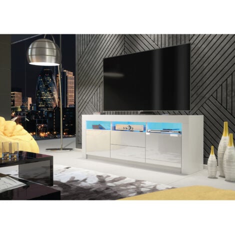 TV Unit 160cm White Modern Stand Gloss Doors Free LED