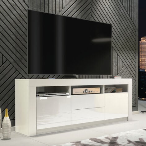 TV Unit 160cm White Modern Stand Gloss Doors Free LED