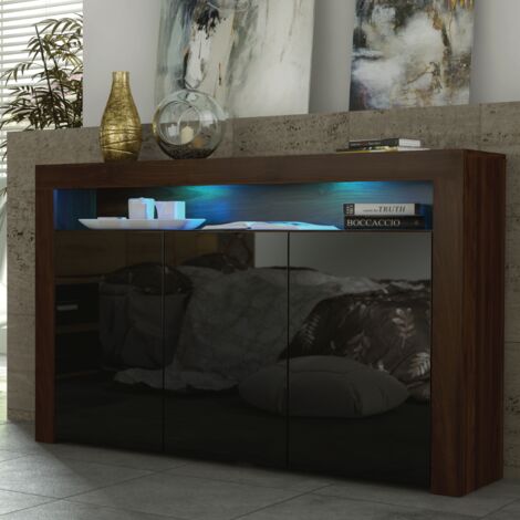 Sideboard 155cm Walnut Modern Stand Black Gloss Doors Free LED