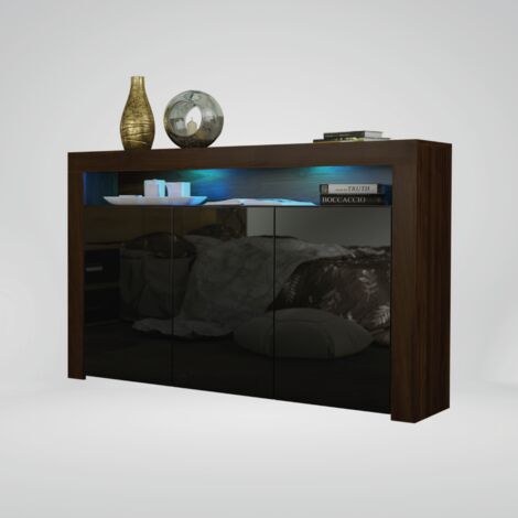 Sideboard 155cm Walnut Modern Stand Black Gloss Doors Free LED