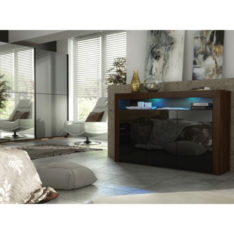 Sideboard 155cm Walnut Modern Stand Black Gloss Doors Free LED