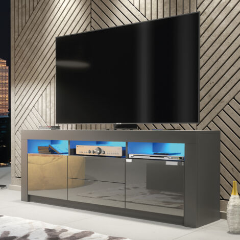 TV Unit 160cm Dark Grey Modern Stand Gloss Doors Free LED