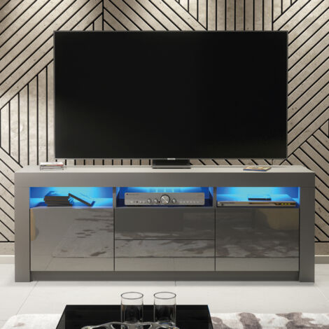 TV Unit 160cm Dark Grey Modern Stand Gloss Doors Free LED