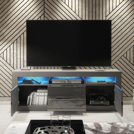 TV Unit 160cm Dark Grey Modern Stand Gloss Doors Free LED