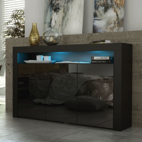 Sideboard 155cm Black Modern Stand Gloss Doors Free LED