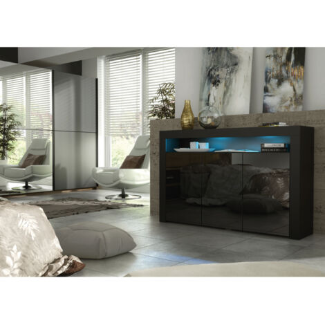 Sideboard 155cm Black Modern Stand Gloss Doors Free LED
