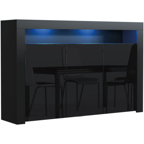 Sideboard 155cm Black Modern Stand Gloss Doors Free LED