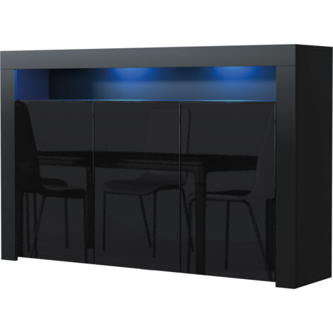 Sideboard 155cm Black Modern Stand Gloss Doors Free LED