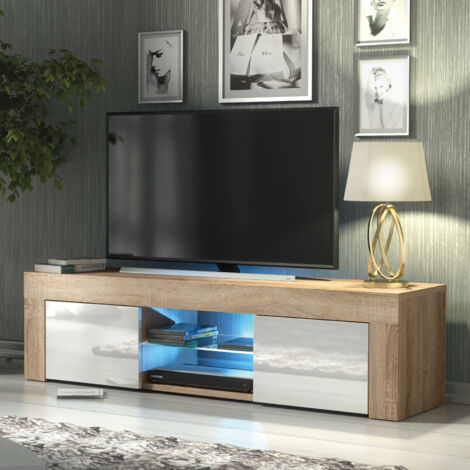 Loom TV Unit 130cm - Oak with White Gloss Doors & LED