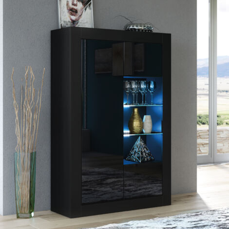 Sideboard 140cm Black Display Cabinet Modern Stand Gloss Doors Free