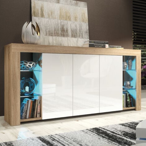 Sideboard 164 cm Oak TV Unit Modern Stand White Gloss Doors Free LED