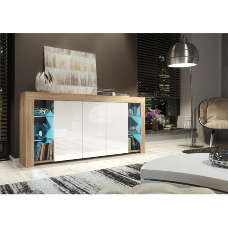 Sideboard 164 cm Oak TV Unit Modern Stand White Gloss Doors Free LED