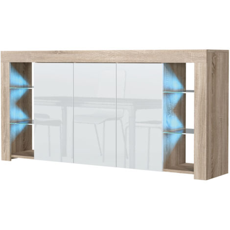 Sideboard 164 cm Oak TV Unit Modern Stand White Gloss Doors Free LED